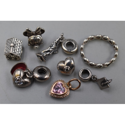 60 - A Selection of Seven 925. Silver Pandora Charms, With 925. Silver Pandora Ring. Includes Statue of L... 