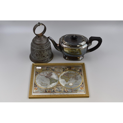 305 - Mixed Lot to include a Brass Bell a/f, Silver Plated Tea Pot and a Framed and Glazed Foil Map of the... 