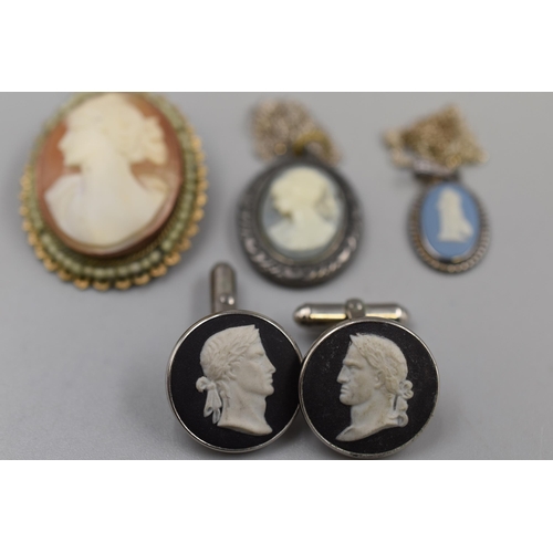 61 - A Selection of Cameo Jewellery To Include Wedgwood Jasperware Sterling Silver Pendant Necklace, Pair... 