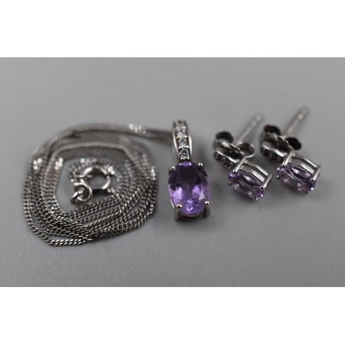 71 - A Purple Stoned 925. Silver Pendant Necklace and Earring Set