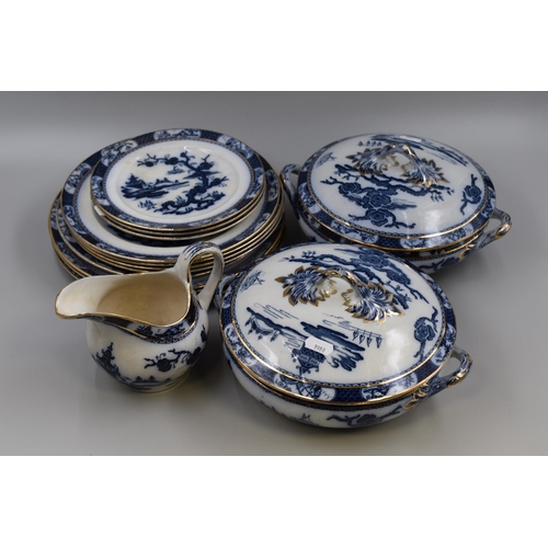 315 - Fourteen Pieces Till & Sons Pagoda Blue and White with Gold Plate Dinner Set (As Found)