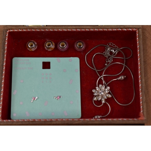 84 - Inlaid Wooden Trinket Box Containing 4 Silver 925 Petite Charms, Floral Necklace and a Pair of Silve... 