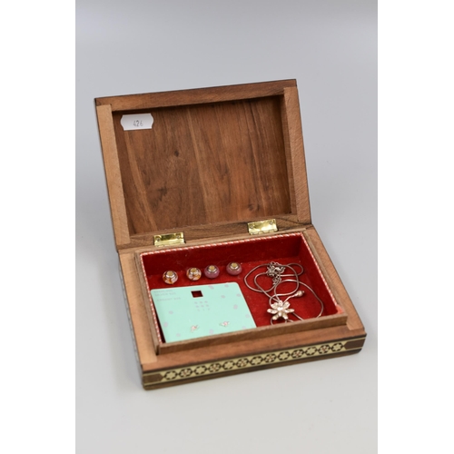 84 - Inlaid Wooden Trinket Box Containing 4 Silver 925 Petite Charms, Floral Necklace and a Pair of Silve... 