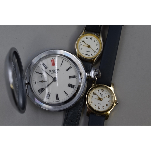 87 - Sekonda 18 Jewels Pocket Watch and two Ladies Wristwatches