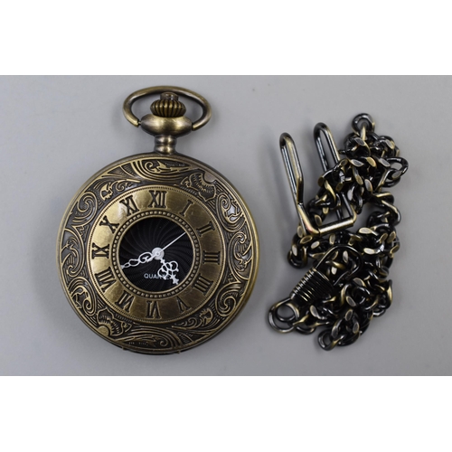 93 - Brand New Brass Effect Half Hunter Mudder Pocket Watch Complete with Chain, Pouch and original Stora... 