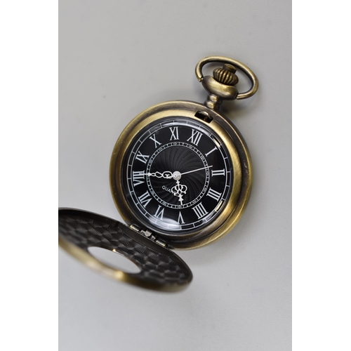 93 - Brand New Brass Effect Half Hunter Mudder Pocket Watch Complete with Chain, Pouch and original Stora... 