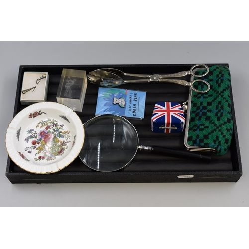 109 - Mixed Tray Including Magnifying Glass, Silver Plate Tongs and More