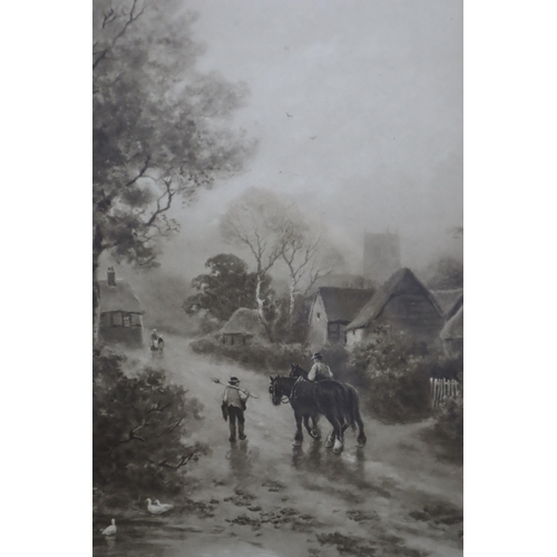 335 - Edwardian heavy dark wood embossed panel mirror flanked by two pictures of rural scenes, measures 38... 