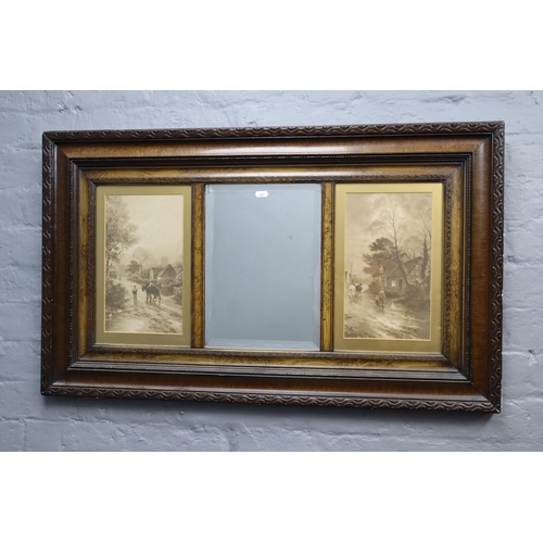 335 - Edwardian heavy dark wood embossed panel mirror flanked by two pictures of rural scenes, measures 38... 