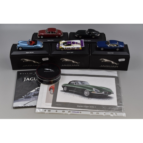 131 - Five Jaguar Die-Cast Models Complete with Boxes, set of Coasters, DVD and Pictures