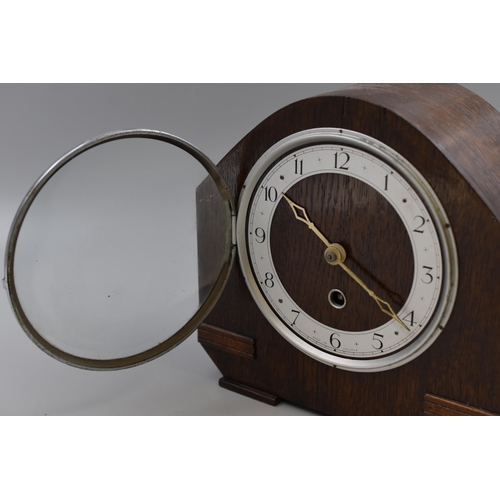 164 - Art Deco Wood Cased Mantle Clock Complete with Key and Pendulum