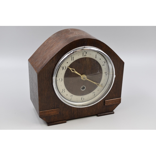 164 - Art Deco Wood Cased Mantle Clock Complete with Key and Pendulum