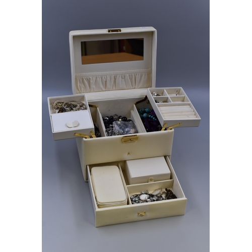 387 - Faux Cream Leather Jewellery Box Complete with Contents