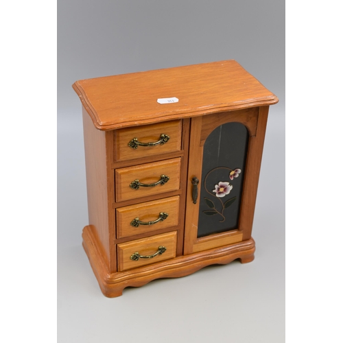 398 - A Wooden Four Drawer Jewellery Cabinet With Painted Glass Panel, Approx 10.5