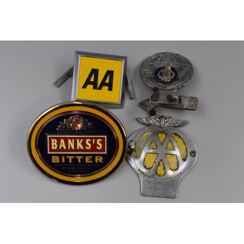 179 - Three Vehicle Badges including Royal Marines, and a Banks Bitter Pump Sign