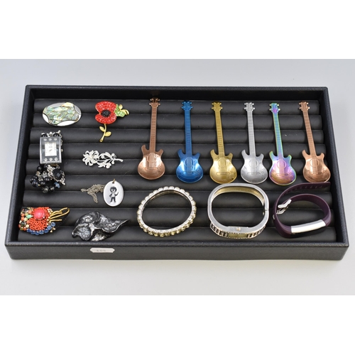 183 - Mixed Tray of Brooches, Guitar Spoon Set, Watches and More