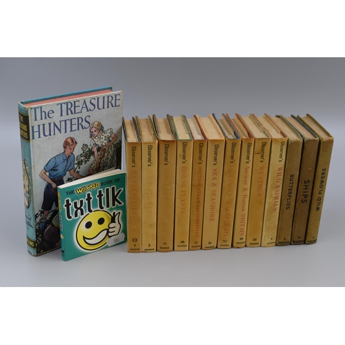 425 - Selection of 13 Observers Books, Enid Blytons the Treasure Hunters and The Wicked Book of txt tik