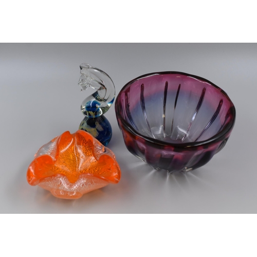 194 - Three Pieces of Murano Style Glassware To Include Blue and Yellow Glass Seahorse, Aubergine Glass Bo... 