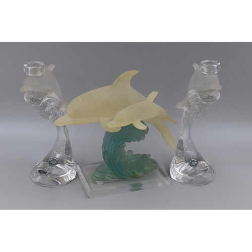 196 - Two Lenox Fine Crystal Dolphin themed Candle Holders and a Frosted Dolphin Statuette (Tallest 9.5