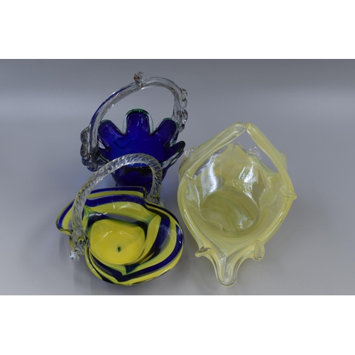 197 - Three Murano Style Blue and Yellow Glass Basket Vases/Bowls.