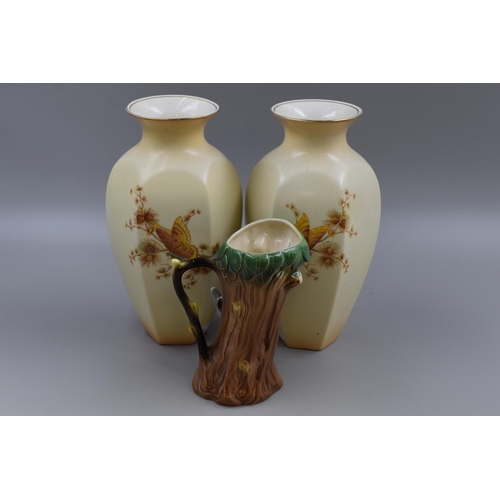 215 - Pair of Vintage 1950's Matching Crown Ducal Ware Birds of Paradise Vases 9.5