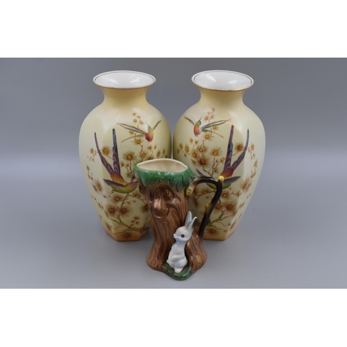 215 - Pair of Vintage 1950's Matching Crown Ducal Ware Birds of Paradise Vases 9.5