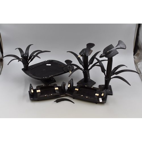 225 - An Ebony Hardwood and Bone Bird Five Piece Ashtray Set, AF