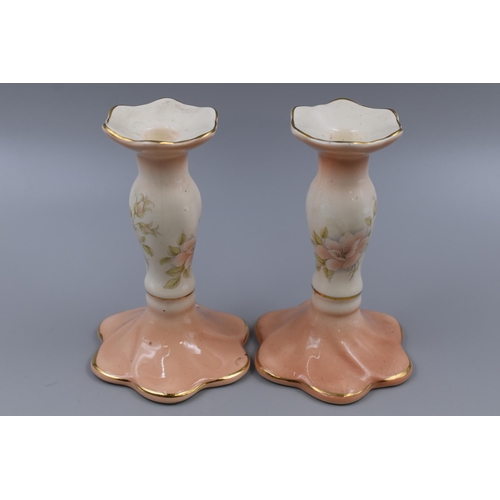 257 - Pair Of Vintage Candle Holders by KH Pottery, Staffordshire, Floral Design against Salmon Pink, appr... 