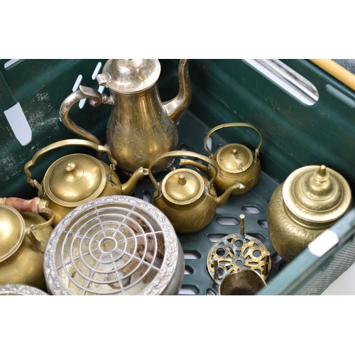 737 - Mixed Selection of Brass and Plated Ware Including Teapot, Turkish Coffee pots, Trivets and More