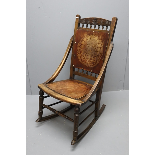 534 - Antique Oak Rocking Chair with Sloping Arms and Inlaid Studded Decorative Panels (Height 40