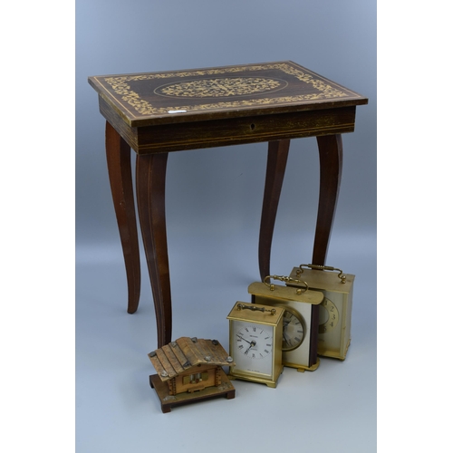 524 - An Inlaid Sorrento Style Musical Sewing Table, With Three Mantle Clocks, And Handmade Cottage Jewell... 