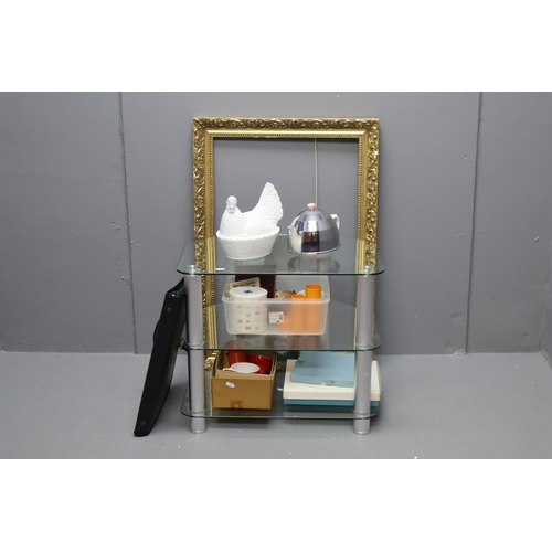 747 - A Mixed Selection on Glass Shelf Media Unit To Include Egg Crock, Price Kensington Insulated Teapot,... 