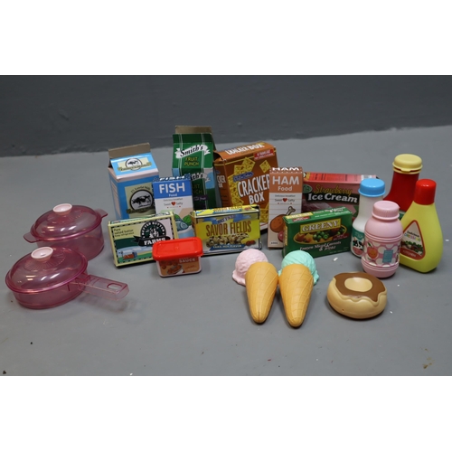 531 - Childrens Home Kitchen with large quantity of plastic meat, fruit, vegatables utensils and food pack... 