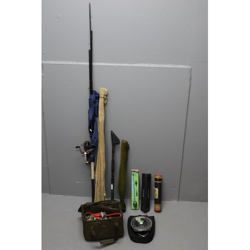 587 - A Selection of Fishing Equipment To Include Shakespeare Match Rod, Reel, Weights, Hooks, And More