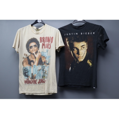 588 - Two pre-Owned Original Promotional T-Shirts to include Bruno Mars and Justin Bieber in various sizes