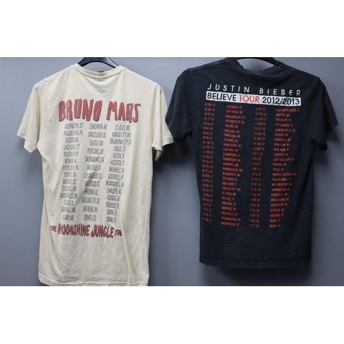 588 - Two pre-Owned Original Promotional T-Shirts to include Bruno Mars and Justin Bieber in various sizes