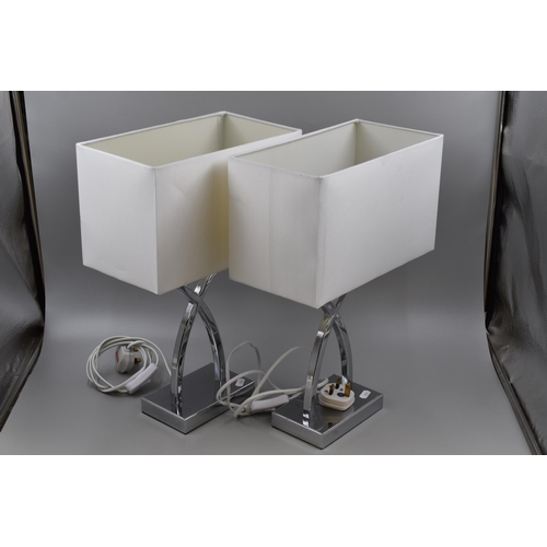 668 - Pair Of AH Ashley Sculptural TL Chrome & Cream Shade Table Lamps, Both Working When Tested, appr... 