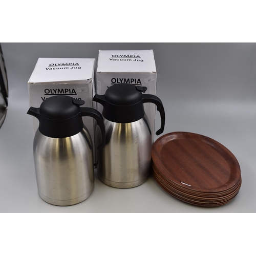 676 - Two New Olympia 2 Litre Vacuum Jugs and Ten Tuffwood Serving Trays