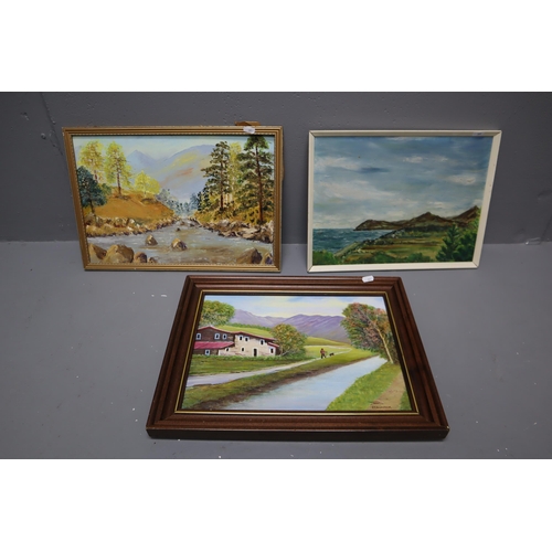 690 - Three Framed Original Landscape Oil Paintings (Two on Board, One on Canvas), Includes J T Hampson, '... 