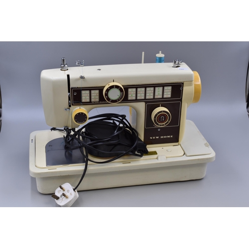 714 - Vintage New Home Sewing Machine Powers on when tested, Needle does move when pedal is pressed but Fo... 