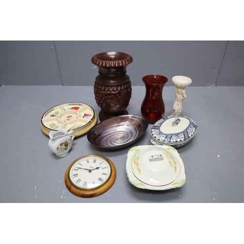 728 - A Mixed Selection To Include Carved Wood Grape Vase, Hors D'oeuvres Dish, Two Tureens, And More