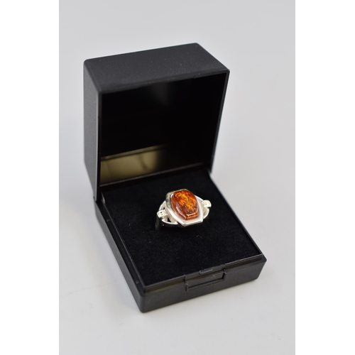 3 - Silver 925 Ring with Large Amber Stone (Size L). Complete in Presentation Box