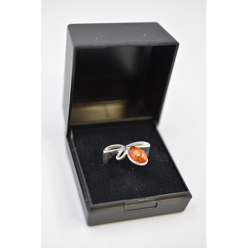 7 - Silver 925 Amber Stoned Ring (Size N). Complete in Presentation Box