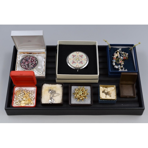 63 - Mixed Selection to include Rosary Beads, Sarah Coventry Necklace, Two Compact Mirrors, Charm Bracele... 