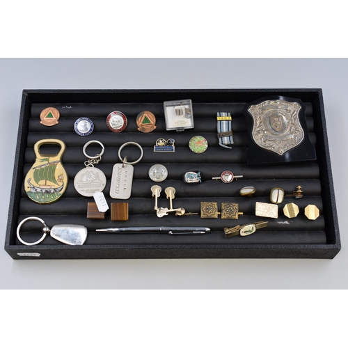 79 - Selection of Badges, Plaque, Ring Cufflinks, pen and More