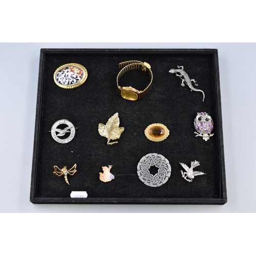 81 - Selection of Brooches, Watches, and Badge including Tissot, Salamander, Dragon Fly and More