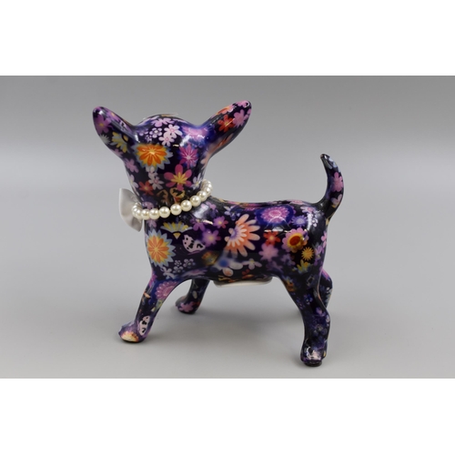 144 - Collectible 'Pomme Pidou' Ceramic Chihuahua Money Box Complete with Necklace and Bow, approx 7