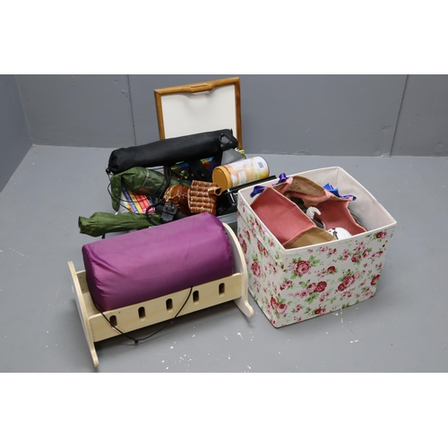 610 - Two Box Mixed Lot To Include Lap Tray, Mary Berry Book Set, Camera Tripod, Wooden Cot and More