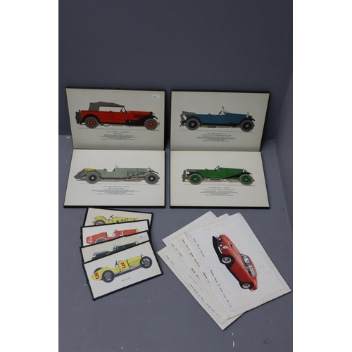 291 - Collection of Vintage Car Prints some by Hugh Evelyn and on Wooden Backing, largest 13