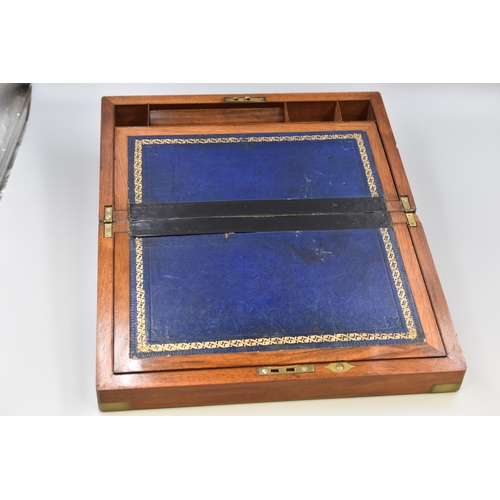 299 - Victorian Hard Wood Writing Slope with Brass Inlay and Blue Leather Writing Surface